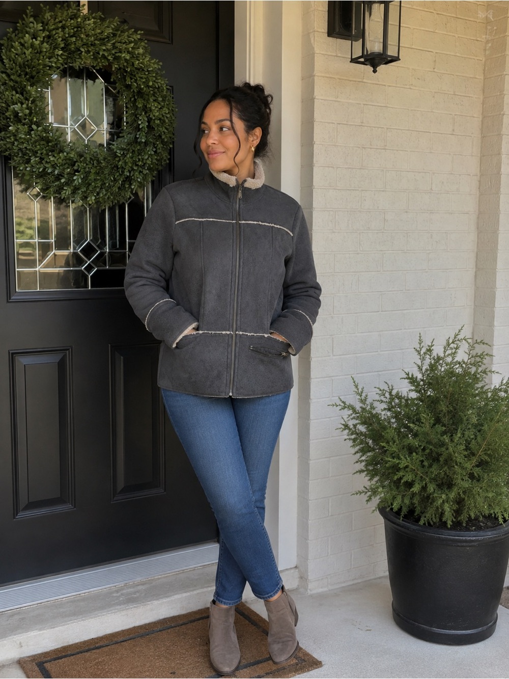 Prana Gray Faux Shearling Zip-Up Jacket with Cream Trim